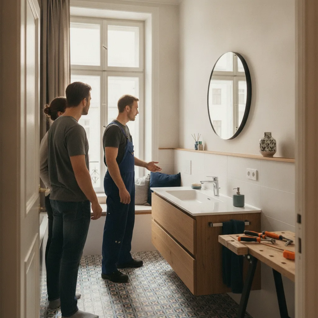Zufriedene Kundin in ihrem neu sanierten Badezimmer mit bodengleicher Dusche